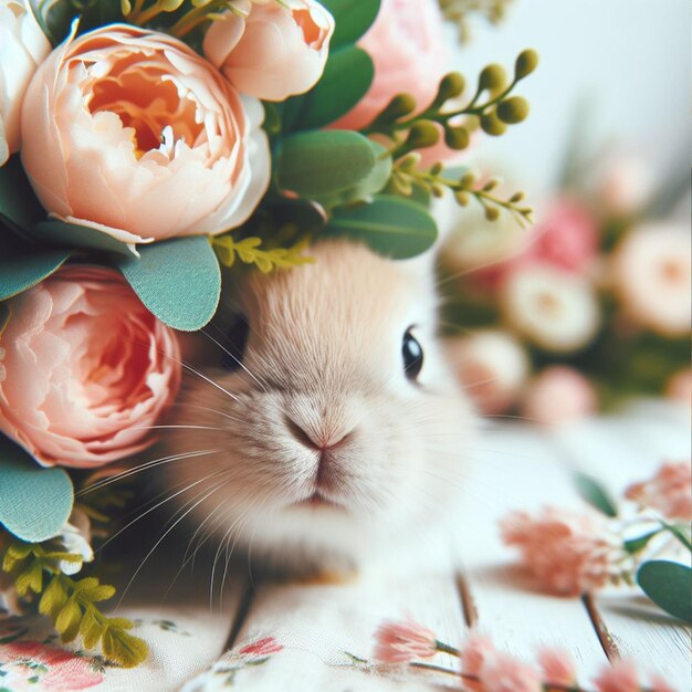 Cute Easter bunny and spring flowers over white background close up