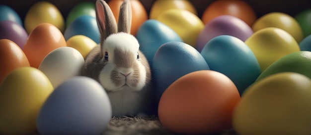 Cute Easter bunny standing guard over a collection of bright eggs AIGenerated