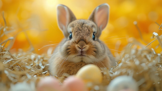 Cute Easter bunny surrounded by colorful Easter eggs Easter celebration