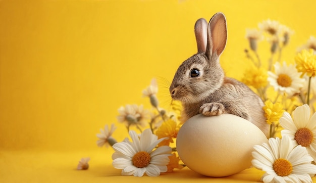 Фото Милый пасхальный кролик с яйцом в цветах на желтом фоне генеративный ии