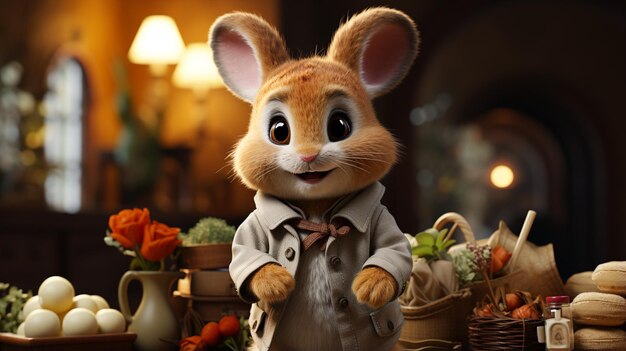 милый пасхальный кролик с луком и держит морковь