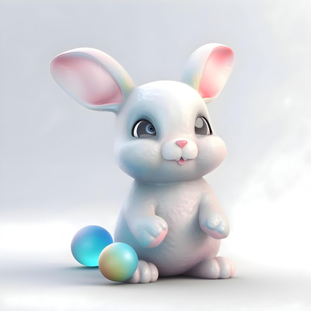 Cute Easter bunny with colored eggs on a white background 3D rendering