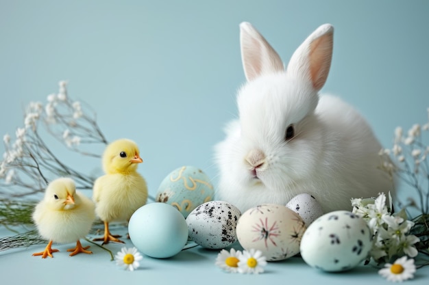 파스텔 배경 부활절 축하 인사말 카드 개념에 다채로운 계란과 봄 꽃을 가진 귀여운 부활절 토끼