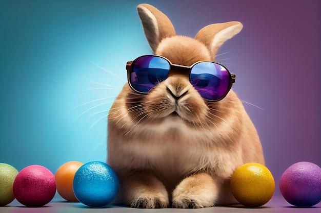 Cute easter bunny with colorful sunglasses on colorful background With colorful eggs Generative Ai