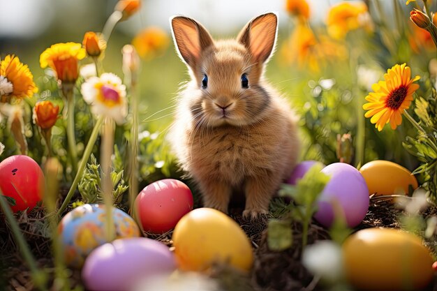 Милый пасхальный кролик с украшенными яйцами и весенними цветами на зеленом весеннем пейзаже