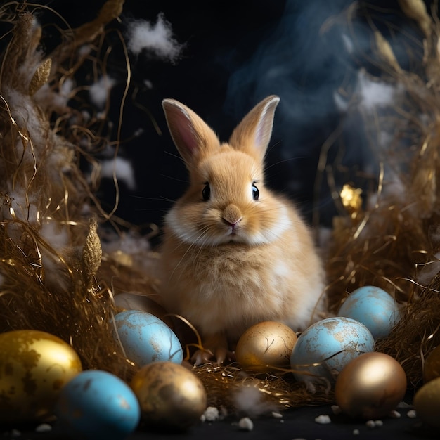 Photo cute easter bunny with easter eggs in nest on black background