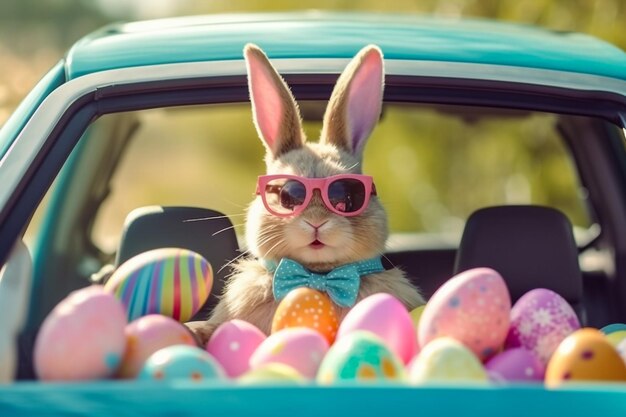 Foto cucino coniglio di pasqua con uova di pasqua seduto nell'erba mentre il sole splende