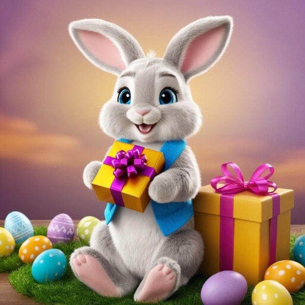 写真 卵とプレゼントの可愛いイースターウサギ