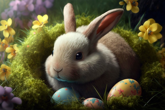 A cute easter bunny with lots of eggs Around