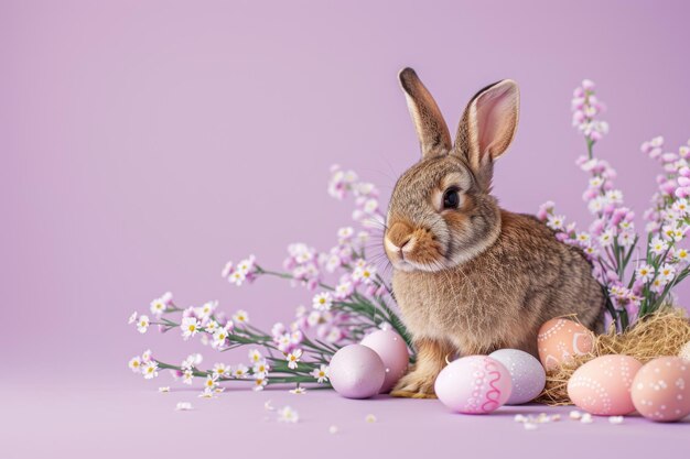 Foto carino coniglietto di pasqua con uova di pasqua pastello e fiori di primavera su un delicato sfondo viola