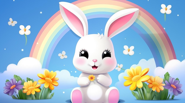 Photo cute easter bunny with rainbow