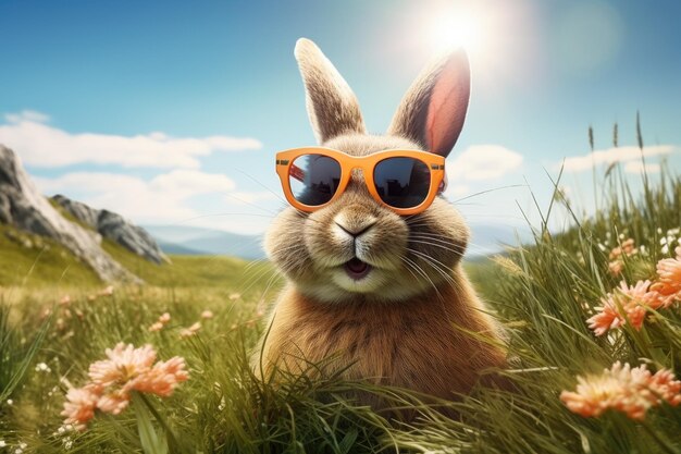 사진 사랑스러운 부활절 토끼가 잔디의 부활절 달에 선글라스를 달고