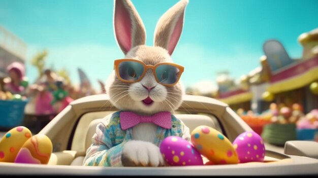 Cute Easter Bunny with sunglasses looking out of a car filed with easter eggs Generative AI
