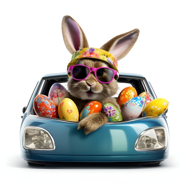 Милый пасхальный кролик в солнечных очках выглядывает из машины