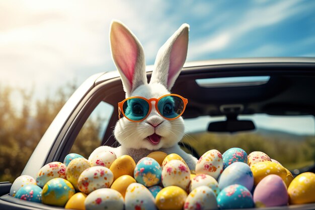 Foto simpatico coniglietto di pasqua con occhiali da sole che guarda fuori da un'auto