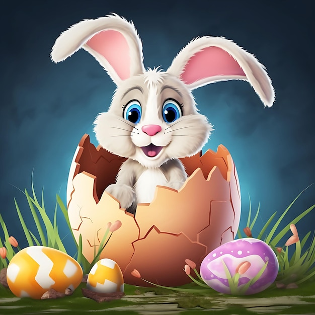 Cute easter Cartoon little bunny with easter eggs basket in the grass generated Ai illustration