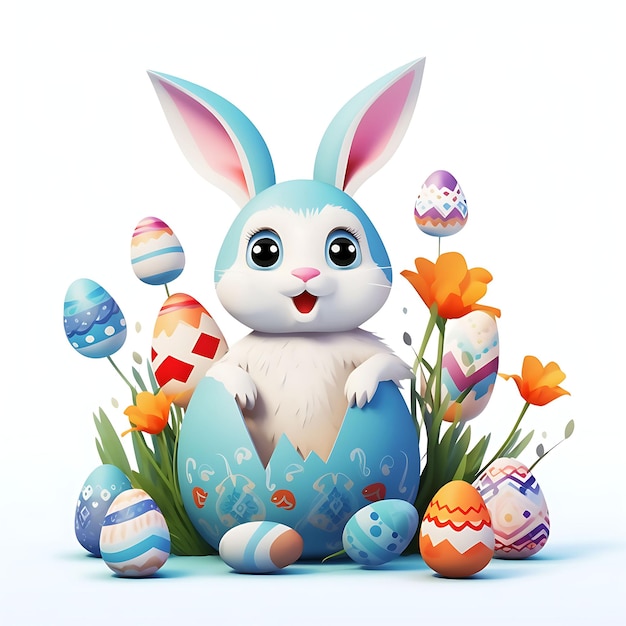 草で作られたイースターの卵のバスケットを持つ可愛いアニメの小さなウサギ