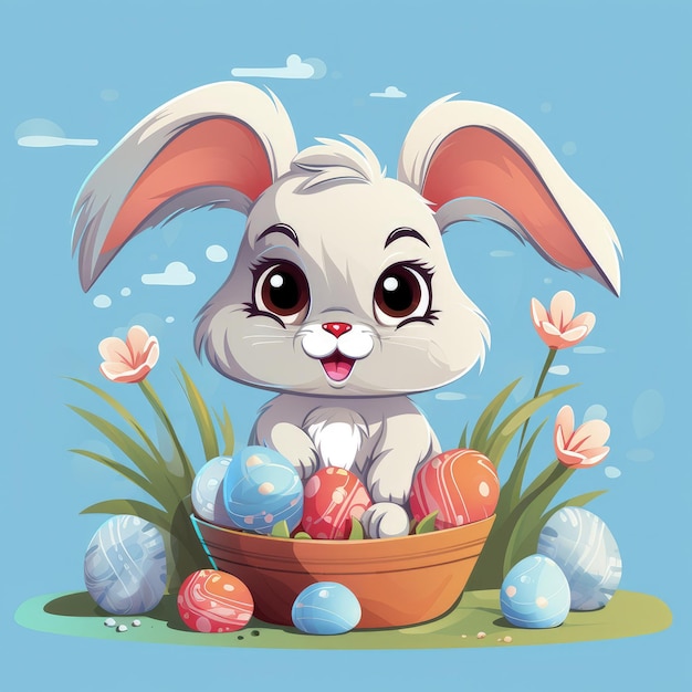 Cute Easter cartoon rabbit with eggs