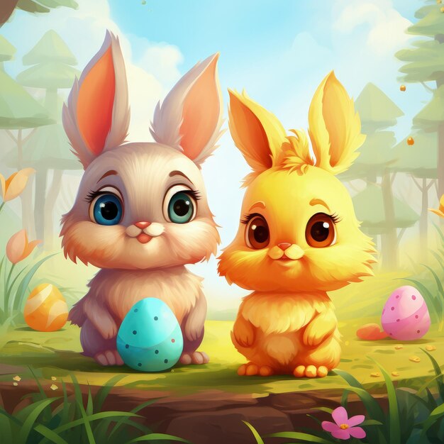 Cute Easter cartoon rabbit with eggs