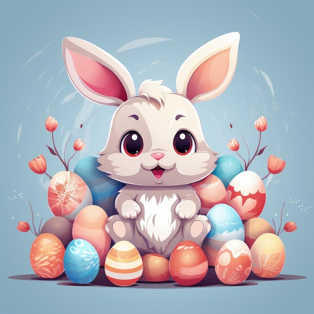 Cute Easter cartoon rabbit with eggs