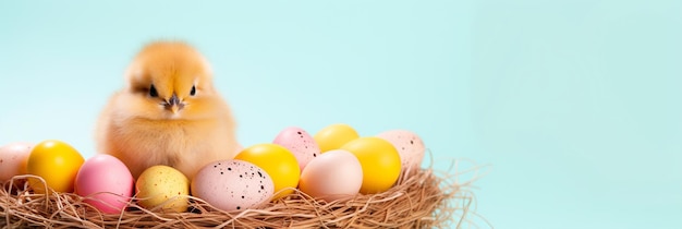 Cute Easter Chick sitting in a nest with easter eggs on isolated background