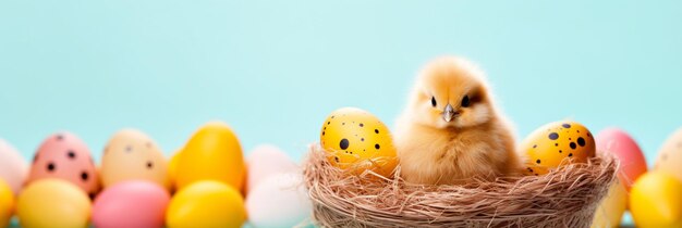 Cute Easter Chick sitting in a nest with easter eggs on isolated background