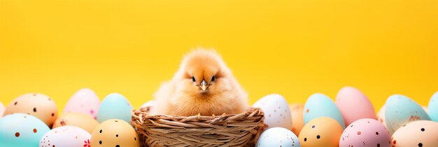 Cute Easter Chick sitting in a nest with easter eggs on isolated background