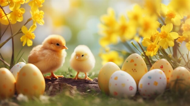 Photo cute easter chicks surrounded by painted eggs and flowers spring holiday concept