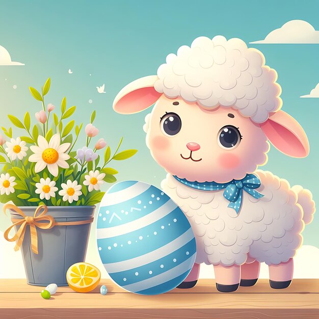 Cute Easter lamb with broken easter egg decorationvector illustrations