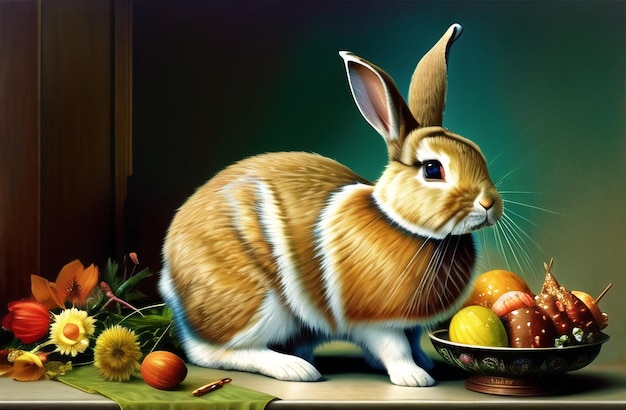 Cute Easter Rabbit in beautiful Nature Landscapes Happy Easter Holiday Background AI Generated