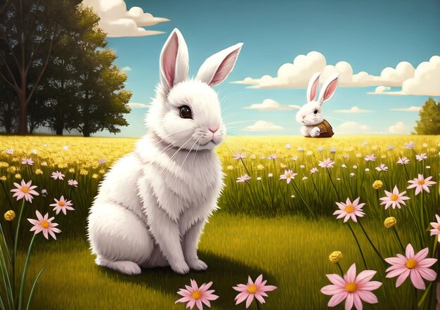 Милый пасхальный кролик на фоне пейзажа Празднование пасхального праздника AI Сгенерировано