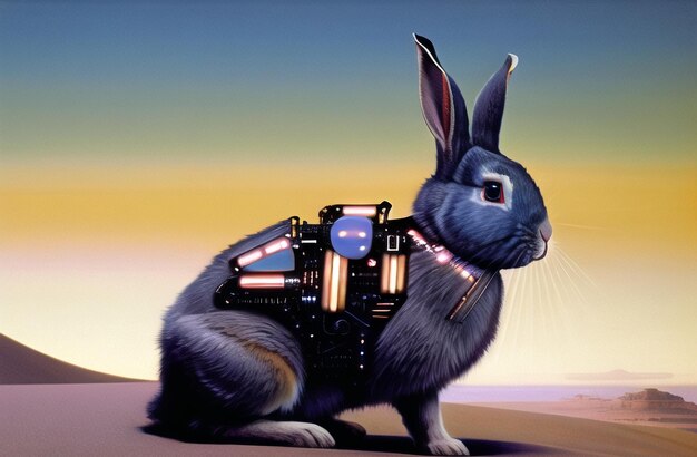風景の背景にかわいいイースターのウサギ ロボット イースター休暇のお祝い AI 生成