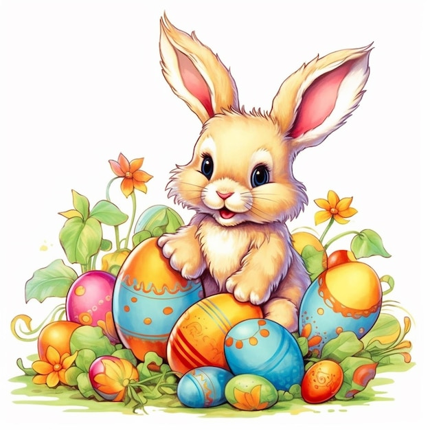 Cute easter rabbit with eggs images Generative AI