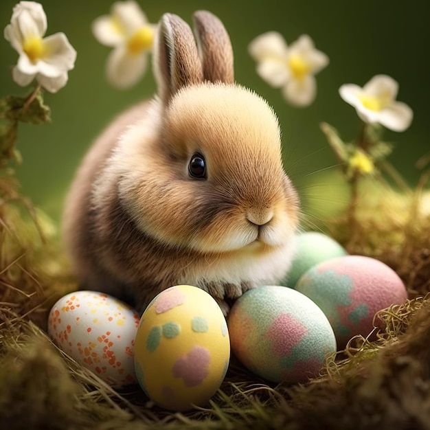 cute easter rabbit with multicolored eggs generative ai technology