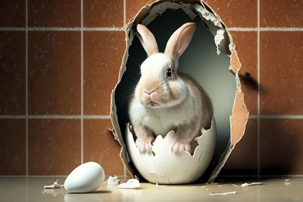 Cute easter realistic bunny rabbit inside a cracked egg Happy easter concept