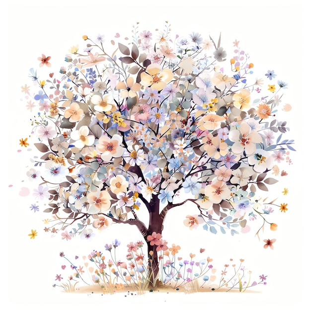 cute easter tree with wildflowers in vintage style