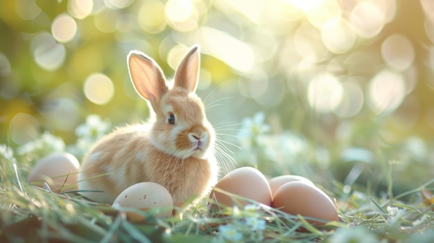 cute eater natural background with eggs and bunny and copy space for text