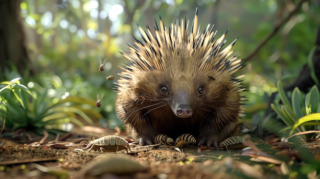 Photo a cute echidna sits in the forest surrounded by bugs the echidna is looking at the camera with a curious expression