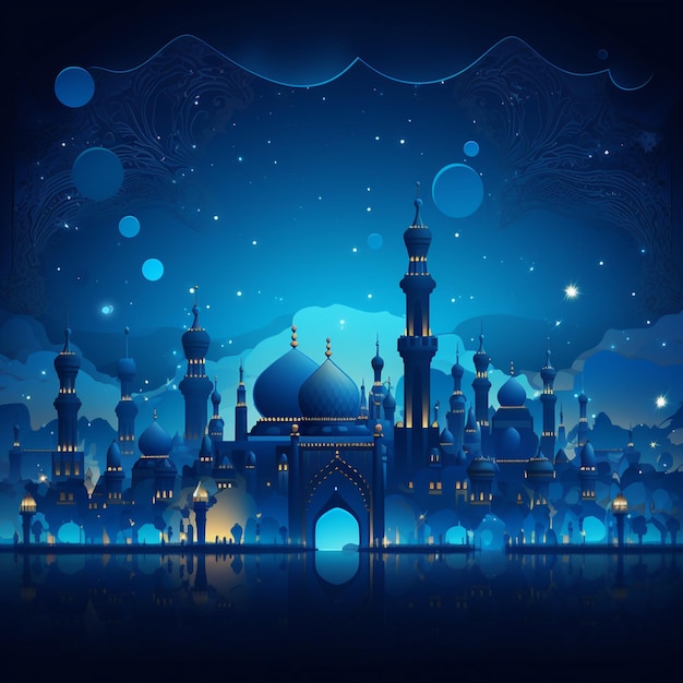 Cute eid al adha mubarak islamic background 3d render purple mosque and lantern