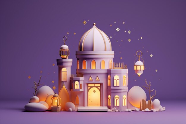 Cute eid al adha mubarak islamic background 3d render purple mosque and lantern