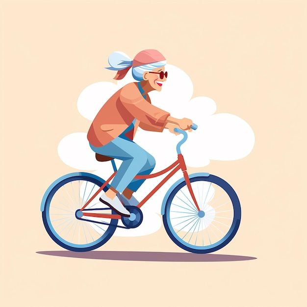 Photo cute elderly woman rides a bike flat illustration on the theme of health activity of the elderly