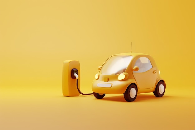 A cute electric car connected to an charging station d style illustration