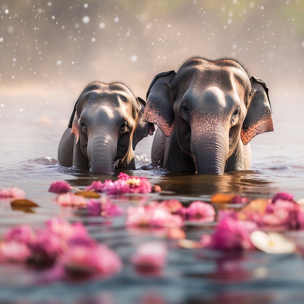 Foto un simpatico elefantino nel fiume con fiore di loto