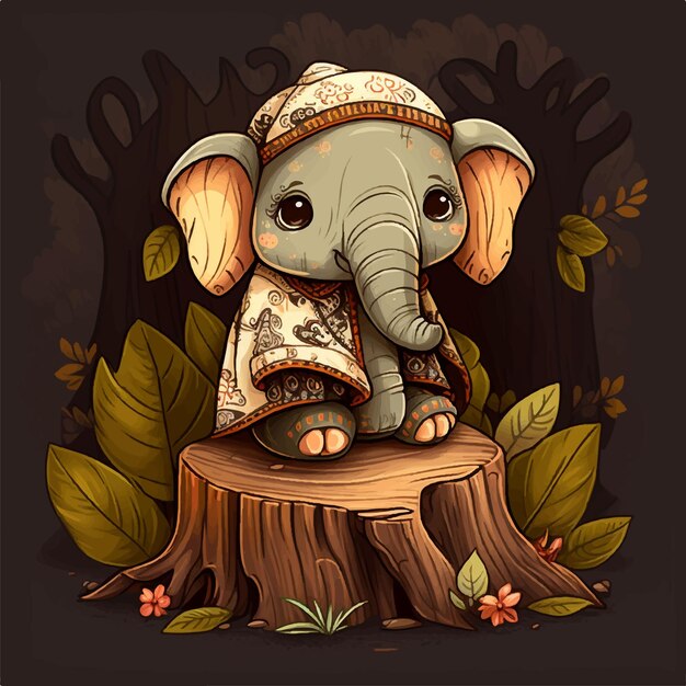 Photo cute elephant cartoon in tribal ethnic costume sitting on tree stump in forest