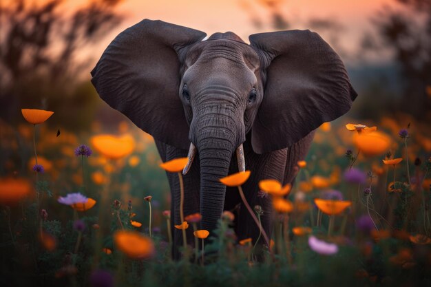 Cute elephant playing in flowery field with butterflies generative IA