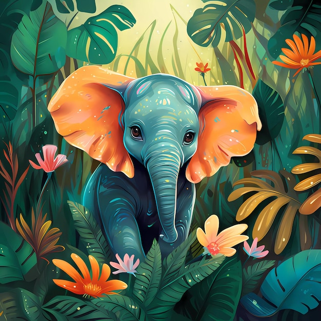 童話の本のポスターの誕生日要素の熱帯ジャングルのかわいい象