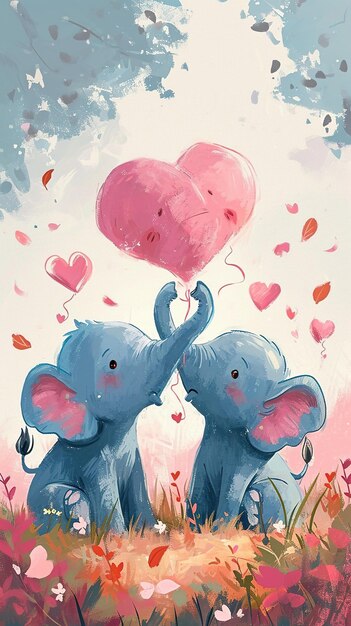 Cute elephants are sitting on grass in love valentine art