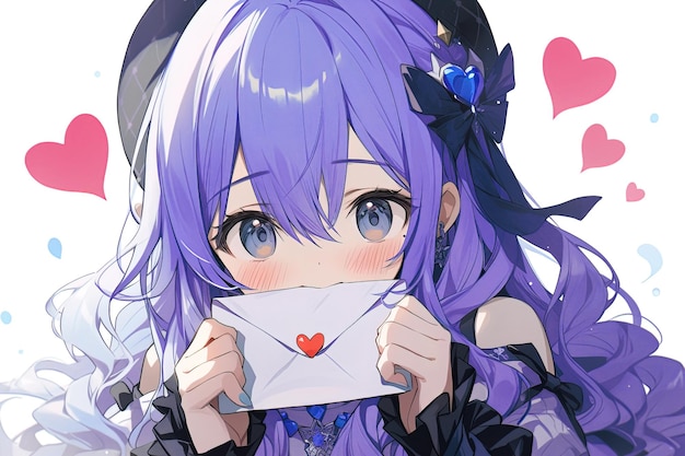 милая смущенная краснеющая аниме девушка с фиолетовыми волосами, держащая любовное письмо