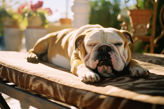 Cute English bulldog lying in a comfortable spot