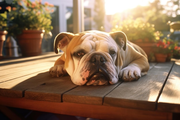 Cute English bulldog lying in a comfortable spot